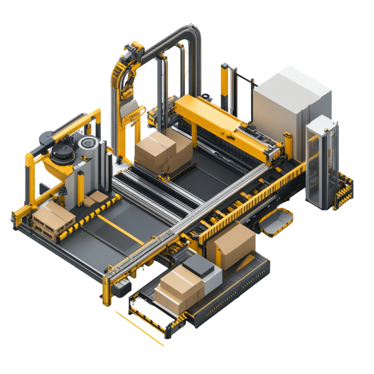 Automated packaging line in a factory: yellow and gray conveyors, robotic arms, and cardboard boxes moving along the system.